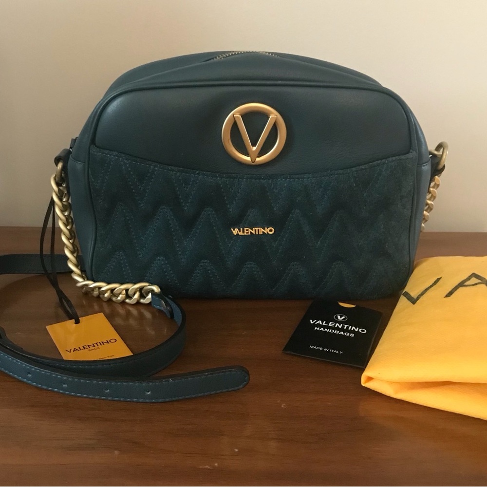 Valentino Crossbody Bag Capucine SD VA 9328 Blue Green Leather Suede Quilted